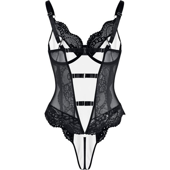 Sexy Leather Lace Underwire Push Up Corset Lingerie Women Teddy Bodysuit Top - Picture 4 of 5